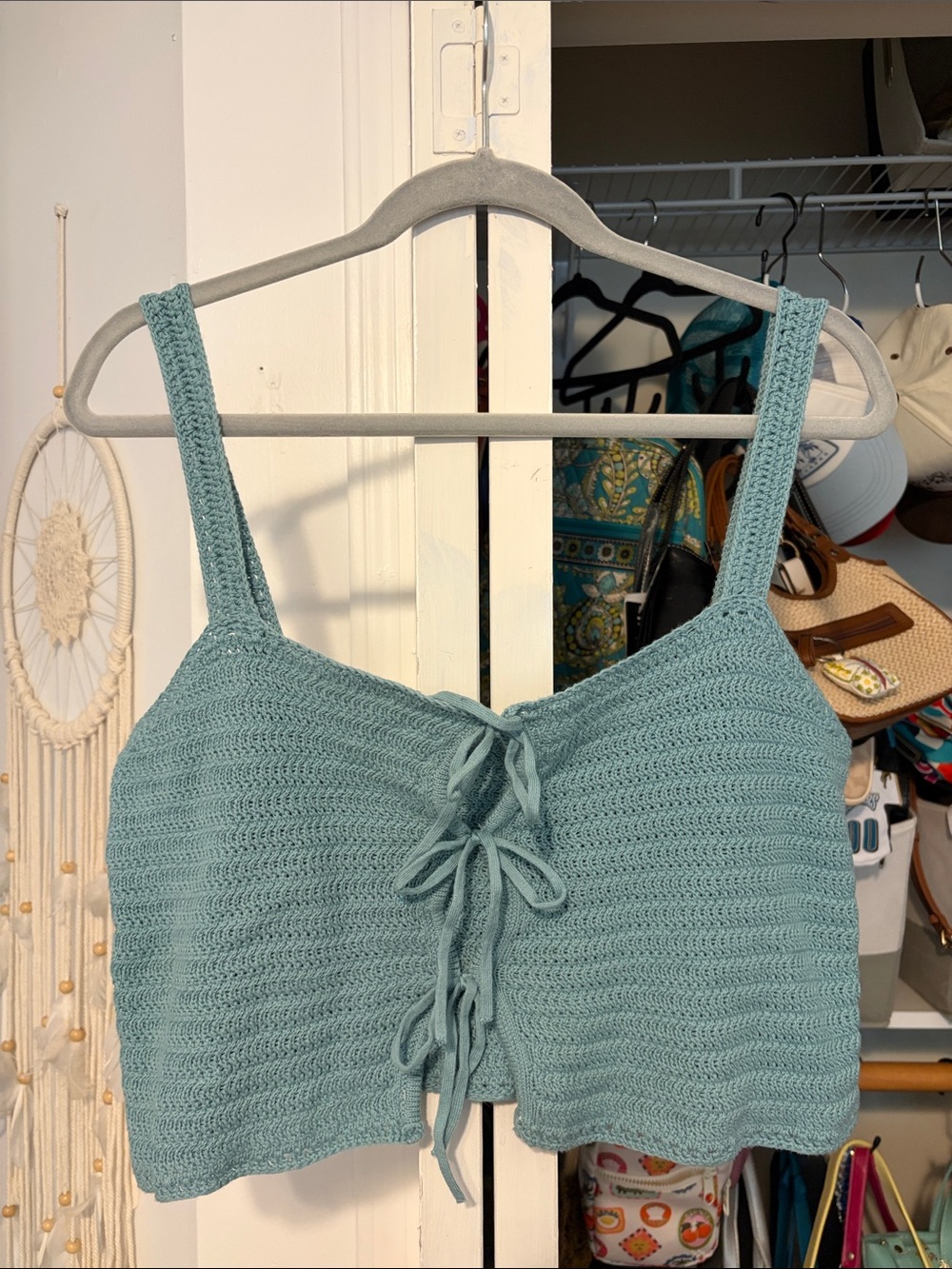 Abercrombie & Fitch Dusty Blue Crochet Tie-Bow Front Crop Top perfect for summer